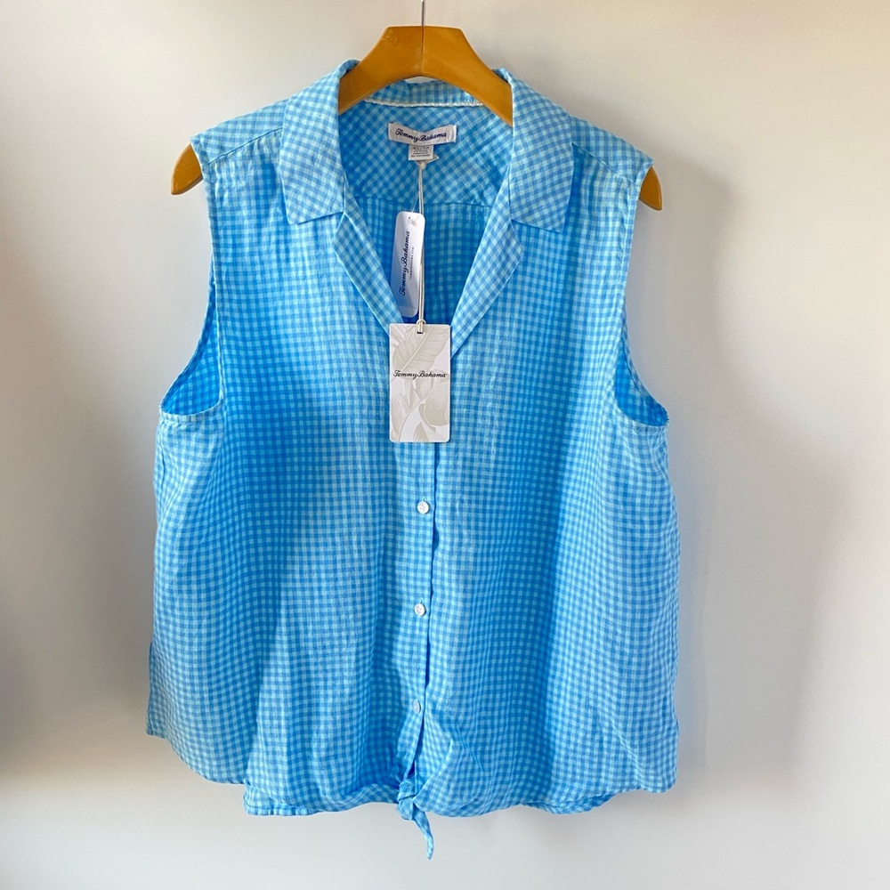 Tommy Bahama Gingham Way Sleeveless Linen Camp Shirt Glass Bead Blue SZ XL NEW